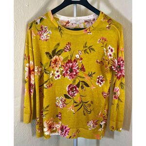 LOFT Yellow Floral Crewneck Lightweight Sweater - Size M
